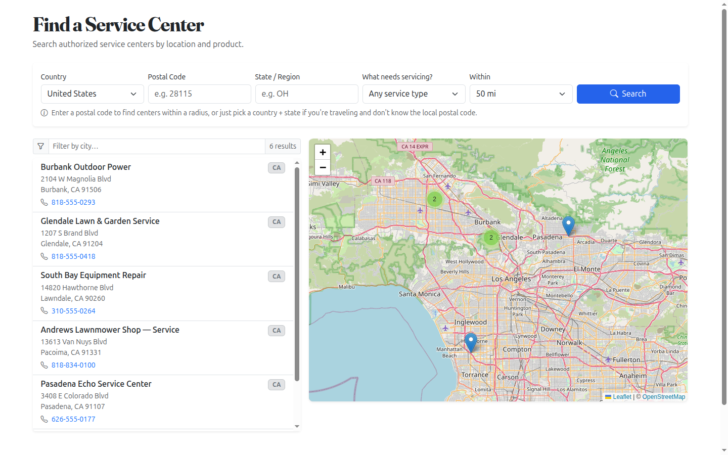Dealer Yes service center locator — ZIP-filtered map of service centers